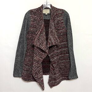Lucky Brand Wool Blend Cardigan Sweater Open Fuzzy Knit Draped Gray/Red  Medium